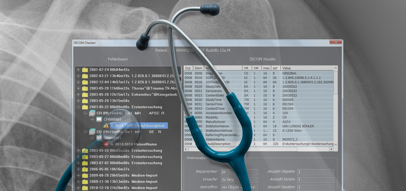 DICOM Checker Fenster mit Stethoskop und Röntgenbild