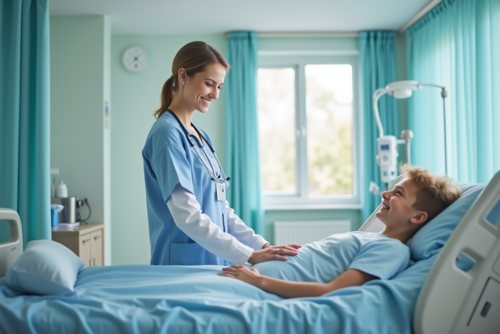 A female physician stands at the hospital bed of a young patient