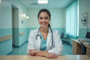 A smiling female physician sitting in a chair