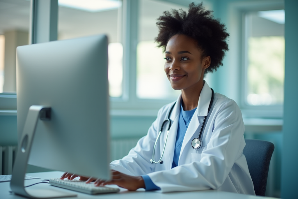 A smiling female physician sitting in a chair, working on a computer