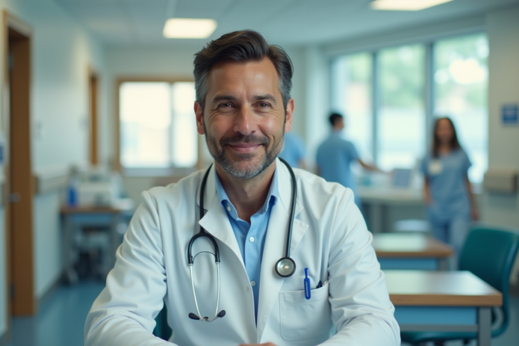 A smiling male physician