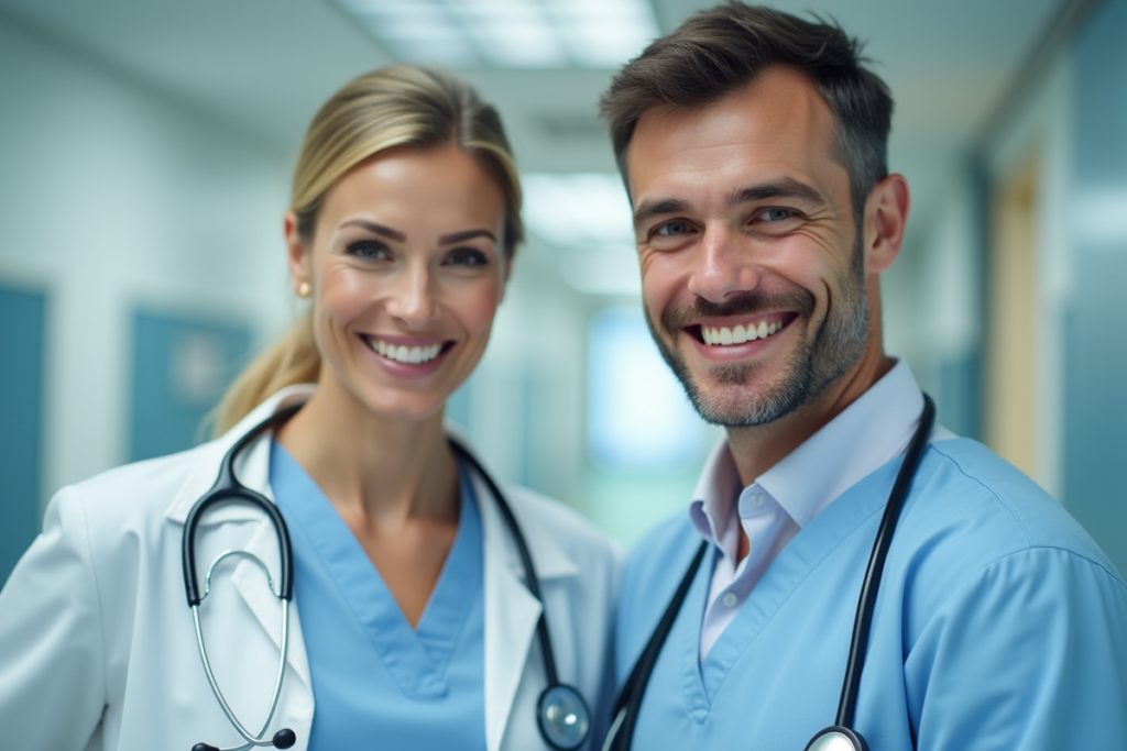 Smiling physicians standing in a hallway